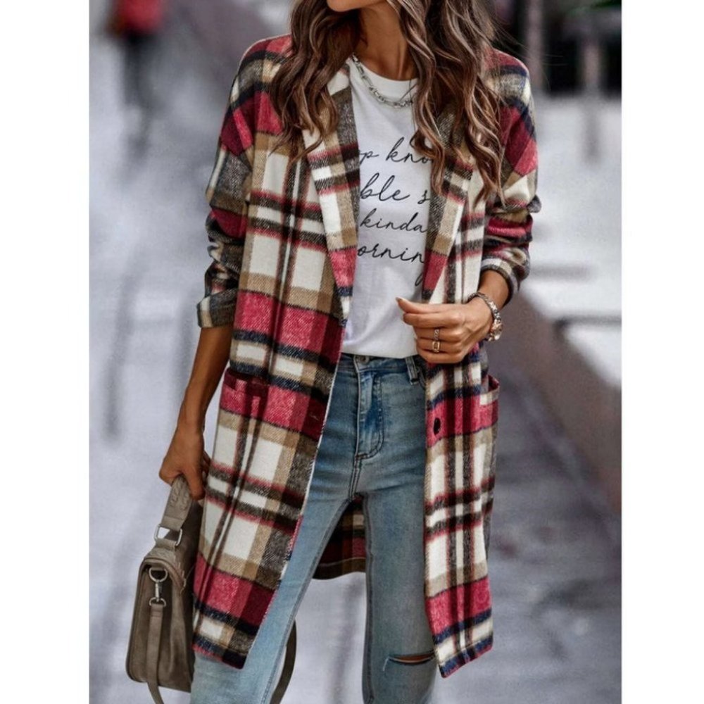 Double Pocket Lapel Neck Plaid print Casual Overcoat Jacket red - Picture 2 of 6